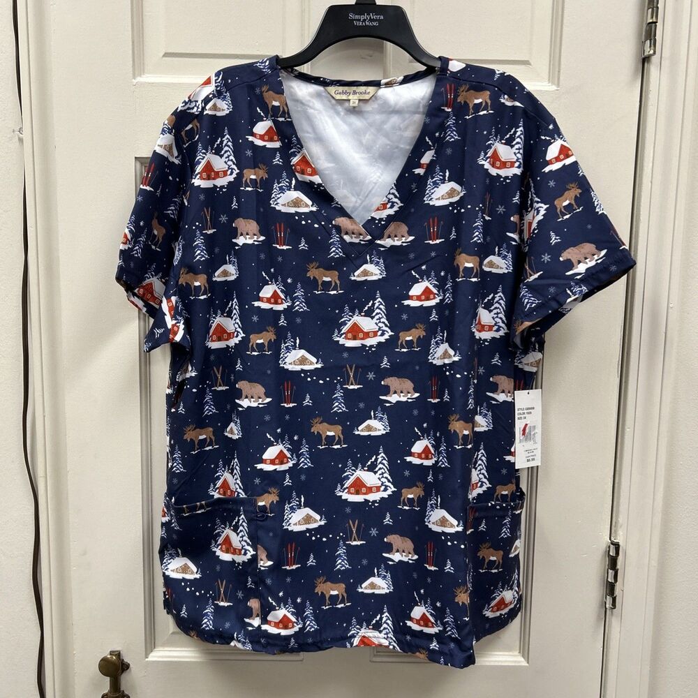 Gabby Brooke Soft Scrub Top Stretch Material Short Sleeve Winter Wonder 3X NWT